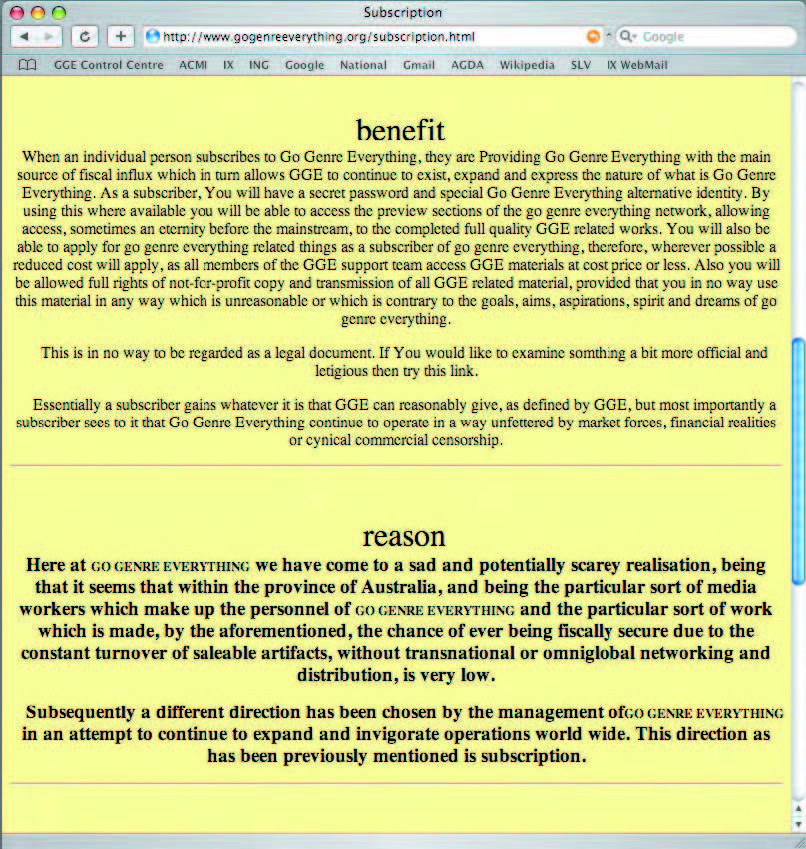 Fig. 4: ‘Subscription Page’ from the Go Genre Everything website. Go Genre Everything, 2003–2006