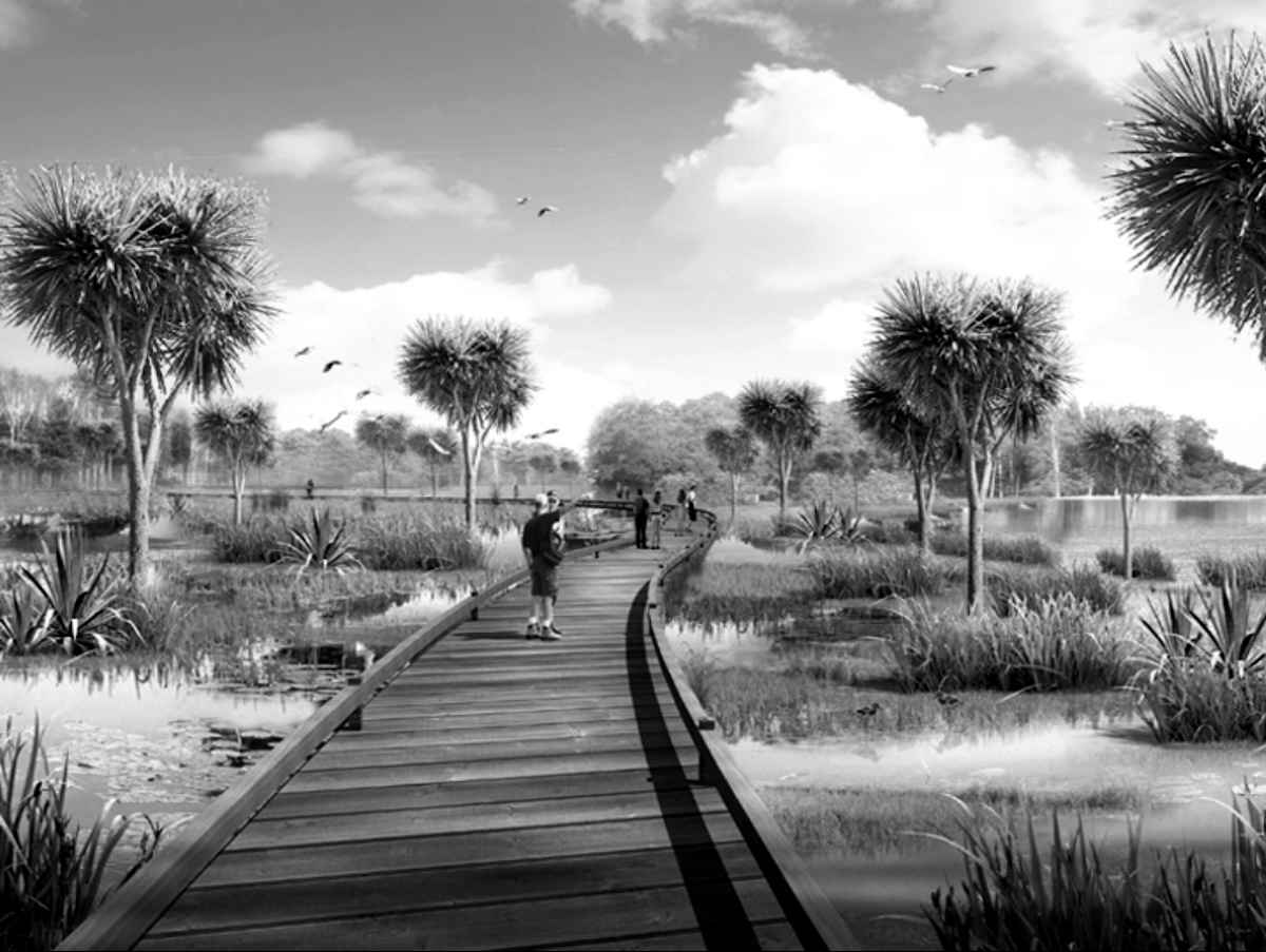 Still from promotional DVD for Pegasus Town: Solipsistic nature retreat in eco-wetland boardwalks.