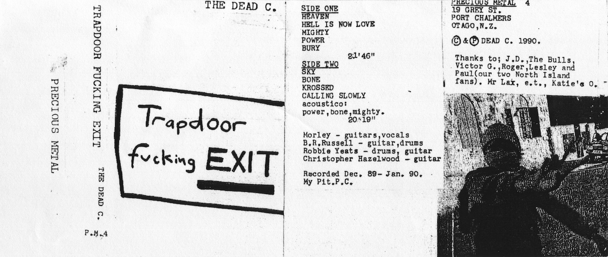 The Dead C, Trapdoor Fucking Exit, Precious Metal PM4, Cassette, 1990. Edition of approx 75. Design by Michael Morley. Xeroxed two to an A4 sheet, the VDB cover features a brilliantly composed shot by Andre Kertesz, who taught Cartier-Bresson to point and click. The original cassette cover for Trapdoor by Michael Morley was in full Xerox colour. Few survive.