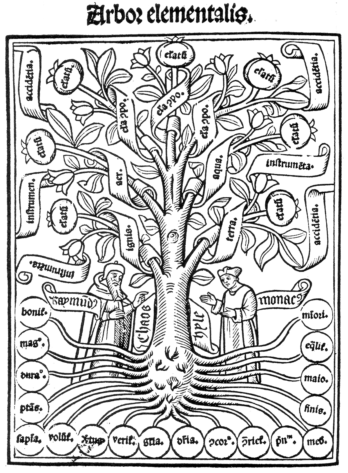 ‘Tree of the Elements’ from a 16th century edition of Arbor Scientiae by Ramon Lull, Catalan mystic and philosopher (1232–1316). His pansophia, the ‘Lullian Art’ is almost impenetrably complex and uses many tree diagrams like this one.