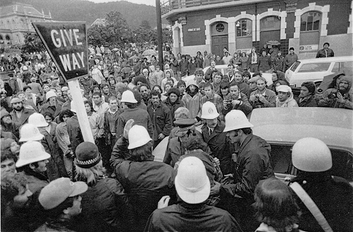 Springbok Tour protests on Sydney Street East (now Kate Sheppard Place) and Molesworth Street, Wellington. 1981