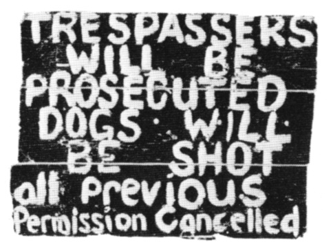 Photograph of a sign on a farm gate used in I Will Need Words by Wystan Curnow to illustrate McCahon’s vernacular reference.